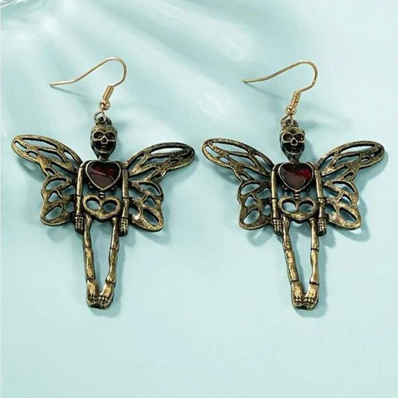 Gothic Vintage Inspired Antique Gold Tone Fairy Skeleton Earrings, Red S… - Picture 3 of 4